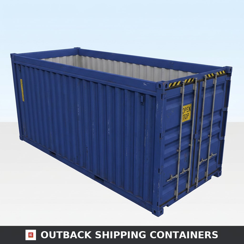 Used 20ft open top shipping container in blue with tarp cover and Hanjin logo showing side and cargo doors