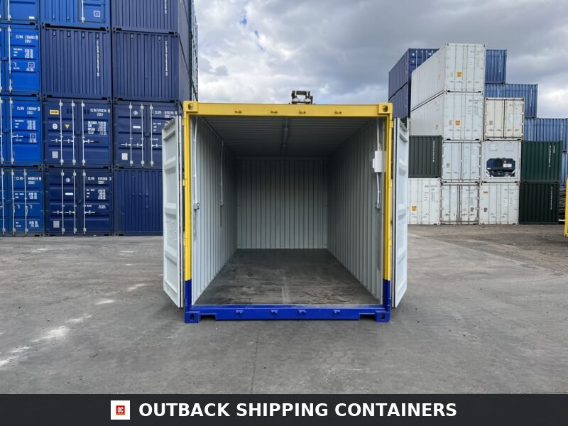 Interior view of a 20ft modified one-trip shipping container with open doors and a yellow and blue entry frame