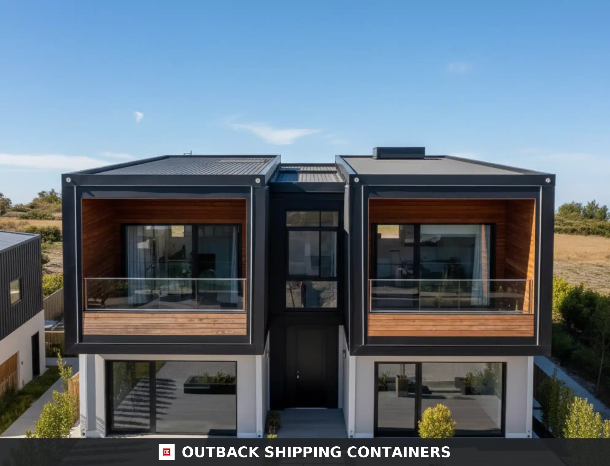Side exterior view of the Luxury 3 Bedroom Prefabricated Modular Container Home Villa showing wood cladding and tall windows