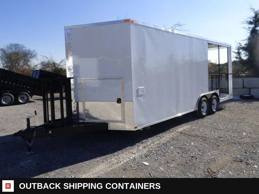8.5 x 20 White BBQ Smoker Porch Catering Trailer — Serving Window And Hatch | Outback Shipping Containers 8.5 x 20 White BBQ Smoker Porch Catering Trailer for sale — serving window and hatch