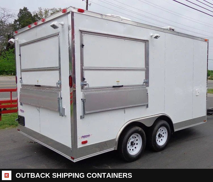8.5 x 14 White Custom Enclosed Kitchen Concession Trailer — Three-Quarter Front Angle | Outback Shipping Containers 8.5 x 14 White Custom Enclosed Kitchen Concession Trailer for sale — three-quarter front angle