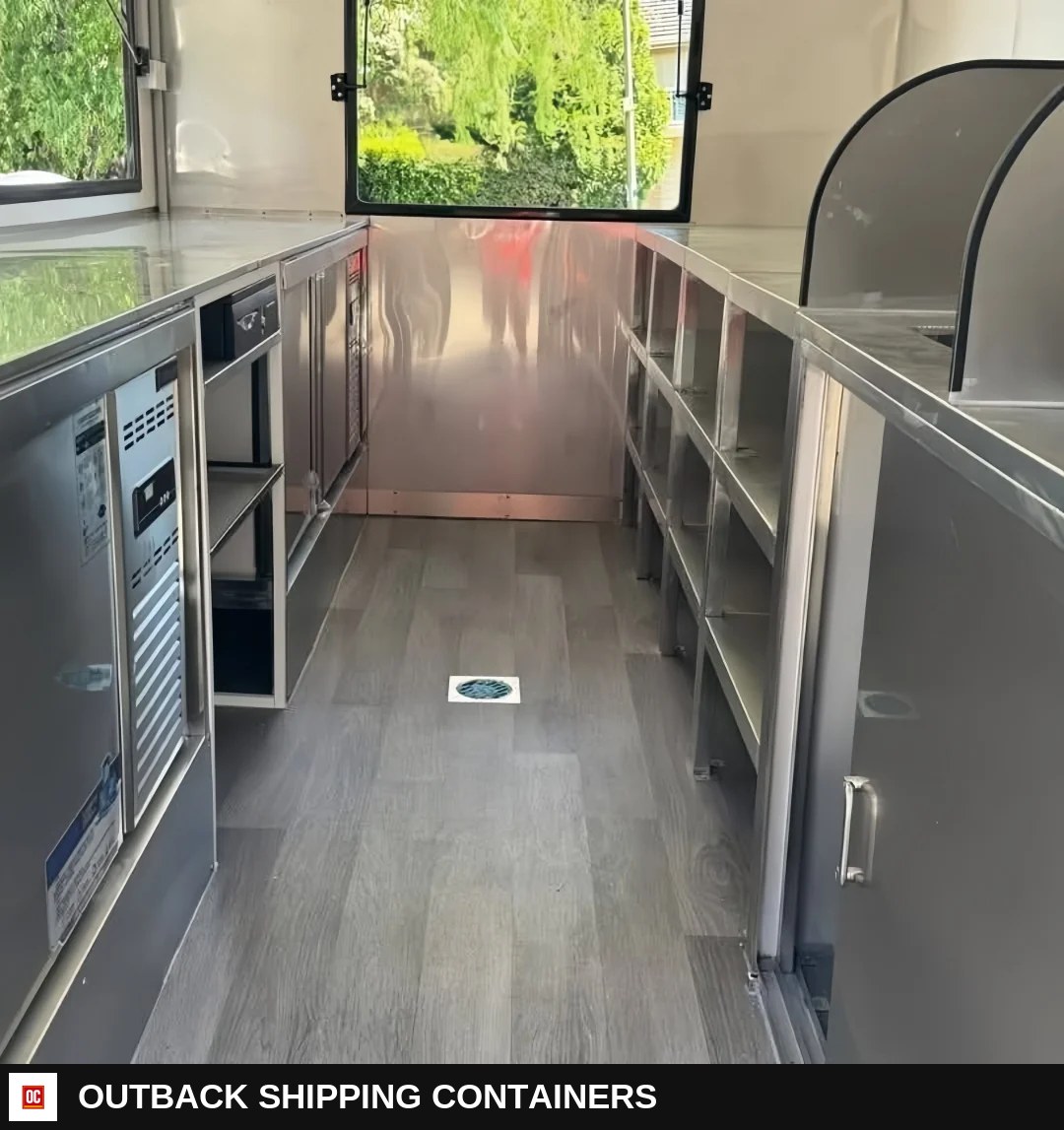 Modern White & Black Square Food Trailer 4m Box Style Mobile Kitchen Dual Axle — Driver-Side Profile | Outback Shipping Containers Modern White & Black Square Food Trailer 4m Box Style Mobile Kitchen Dual Axle for sale — driver-side profile