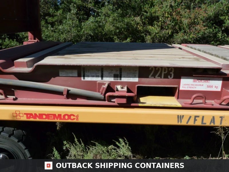 20FT flat rack shipping container side rail with wooden flooring, lashing rings, and 22P3 identification markings