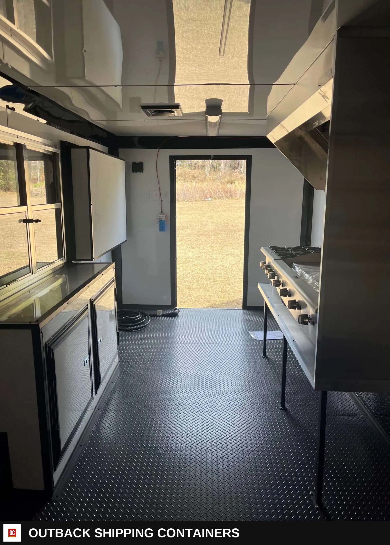 8.5x20 Hook and Line Cargo Fully Equipped Enclosed Concession Trailer — Stainless Prep And Counter Area | Outback Shipping Containers 8.5x20 Hook and Line Cargo Fully Equipped Enclosed Concession Trailer for sale — stainless prep and counter area