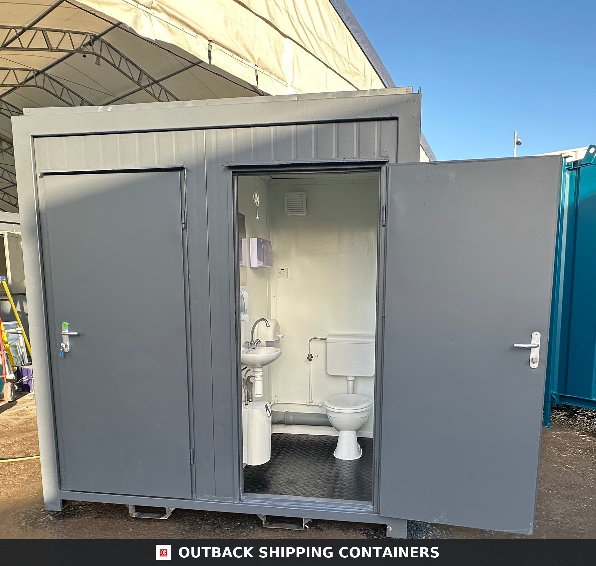 Double Toilet Block for Sale — Door and Entry Detail | Outback Shipping Containers Double Toilet Block — Male/Female WC — 8 x 5 ft — Refurbished Portable — 1+1 Toilet — No 1388 — product gallery image 6 of 8