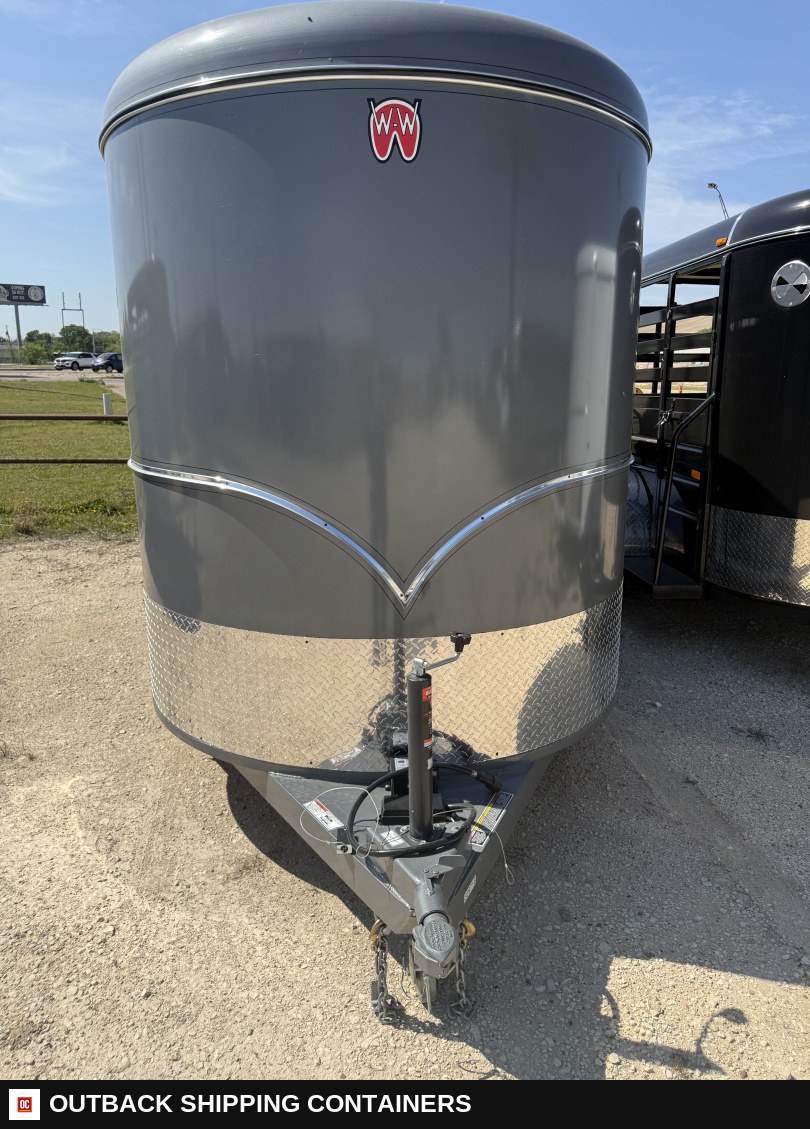 2026 WW WRANGLER 6X16 3 HORSE Livestock Stock Combo Trailer — Three-Quarter Front Angle | Outback Shipping Containers 2026 WW WRANGLER 6X16 3 HORSE Livestock Stock Combo Trailer for sale — three-quarter front angle