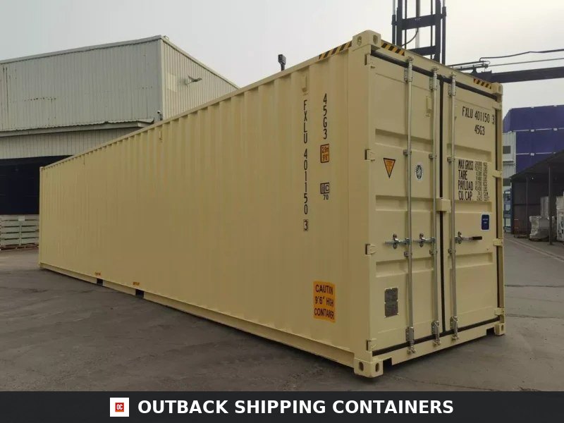 40ft HC Open Side Container with 4 Doors — Interior Detail | Outback Shipping Containers Tan 40ft HC open side shipping container with closed rear cargo doors and side panels in a depot