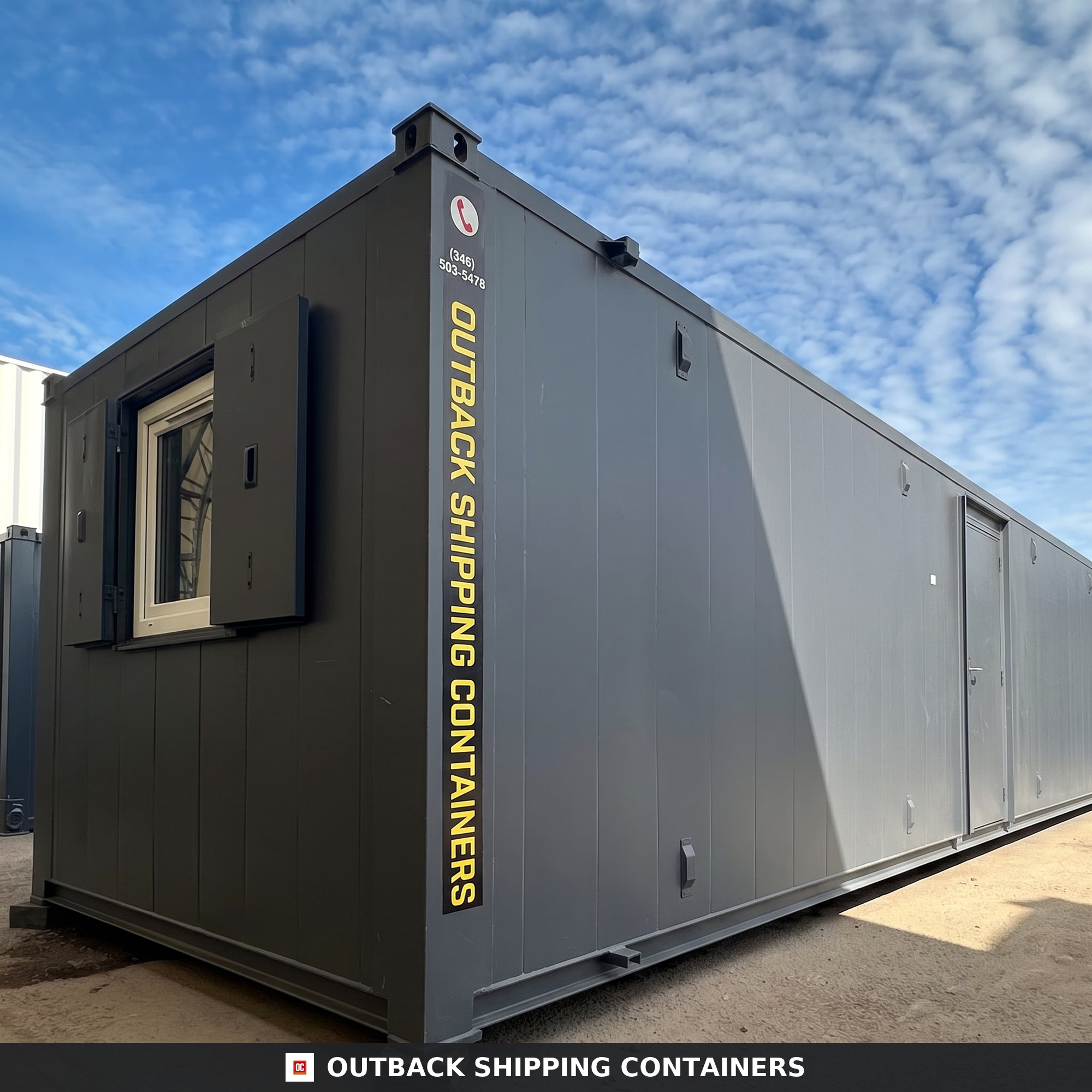 32x10ft Cabin for Sale — Door and Entry Detail | Outback Shipping Containers 2 Refurbished 32x10ft container office cabin with dark grey anti-vandal exterior window shutters and steel door