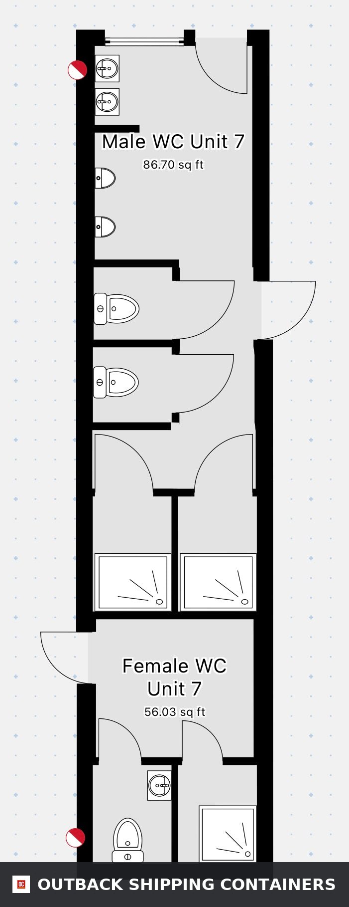 40x8ft for Sale — Rear Exterior View | Outback Shipping Containers 2 40ft shipping container welfare unit floor plan showing male and female restroom layouts with showers and stalls