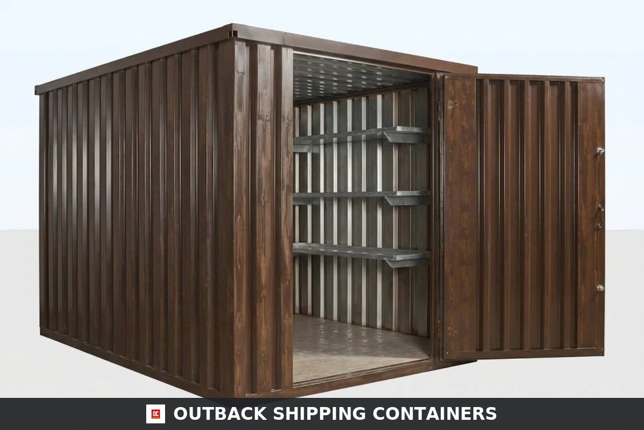 Wood effect flat pack storage container with door open revealing galvanized steel interior