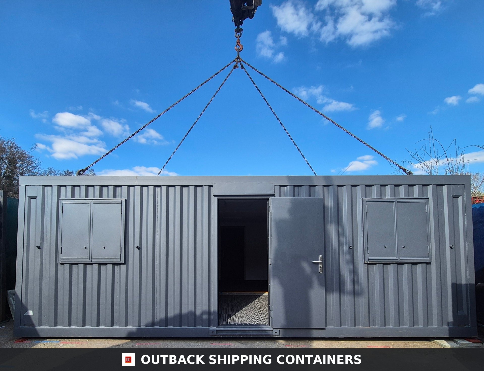 Modular Building 2 Bay 24x20FT for Sale — Interior View | Outback Shipping Containers Refurbished 24x20ft modular 2 bay building with charcoal grey corrugated exterior and central entry door