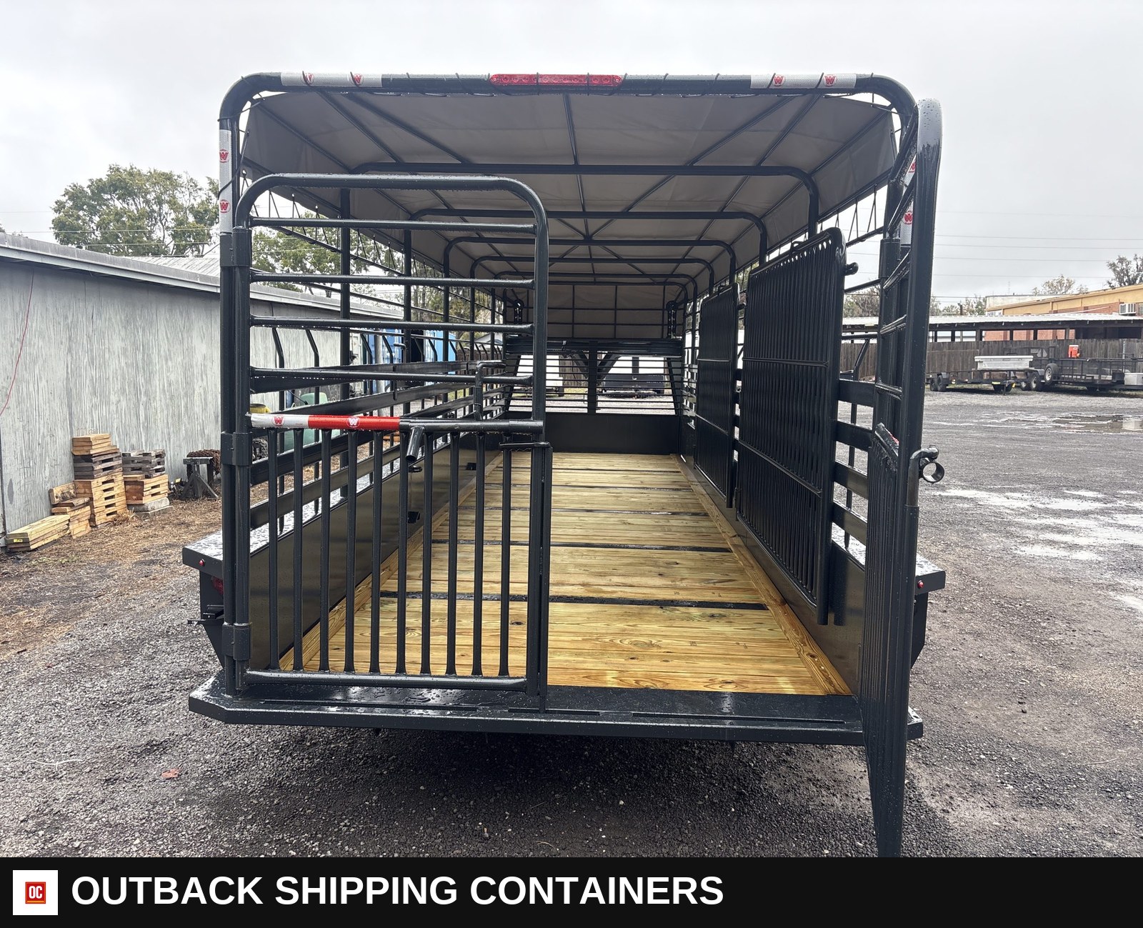 New 2026 Circle W 6.5 x 24 Gooseneck Livestock Trailer 14k GVWR — Gate Latch And Hardware Detail | Outback Shipping Containers New 2026 Circle W 6.5 x 24 Gooseneck Livestock Trailer 14k GVWR for sale — gate latch and hardware detail