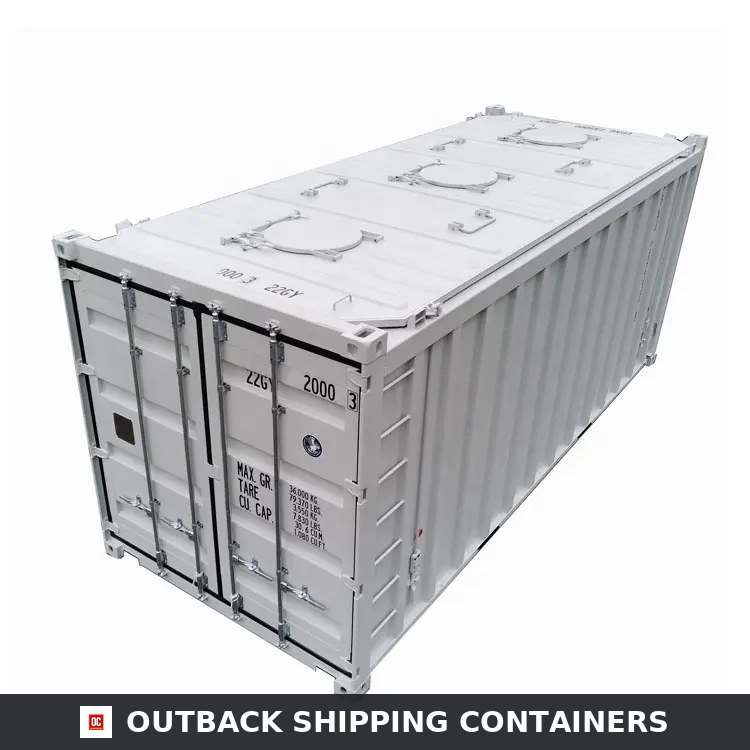 20ft dry intermediate bulk storage shipping container with three top loading hatches on a white background