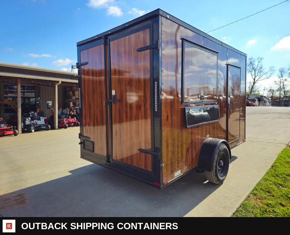 7 x 12 Wood Grain Concession Food Catering Vending Trailer — Rear Entry Door | Outback Shipping Containers 7 x 12 Wood Grain Concession Food Catering Vending Trailer for sale — rear entry door