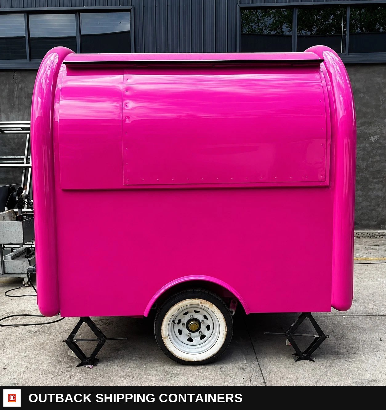 Pink Mobile Catering Food Trailer Single Axle Dual Serving Hatch Coffee — Three-Quarter Front Angle | Outback Shipping Containers Pink Mobile Catering Food Trailer Single Axle Dual Serving Hatch Coffee for sale — three-quarter front angle