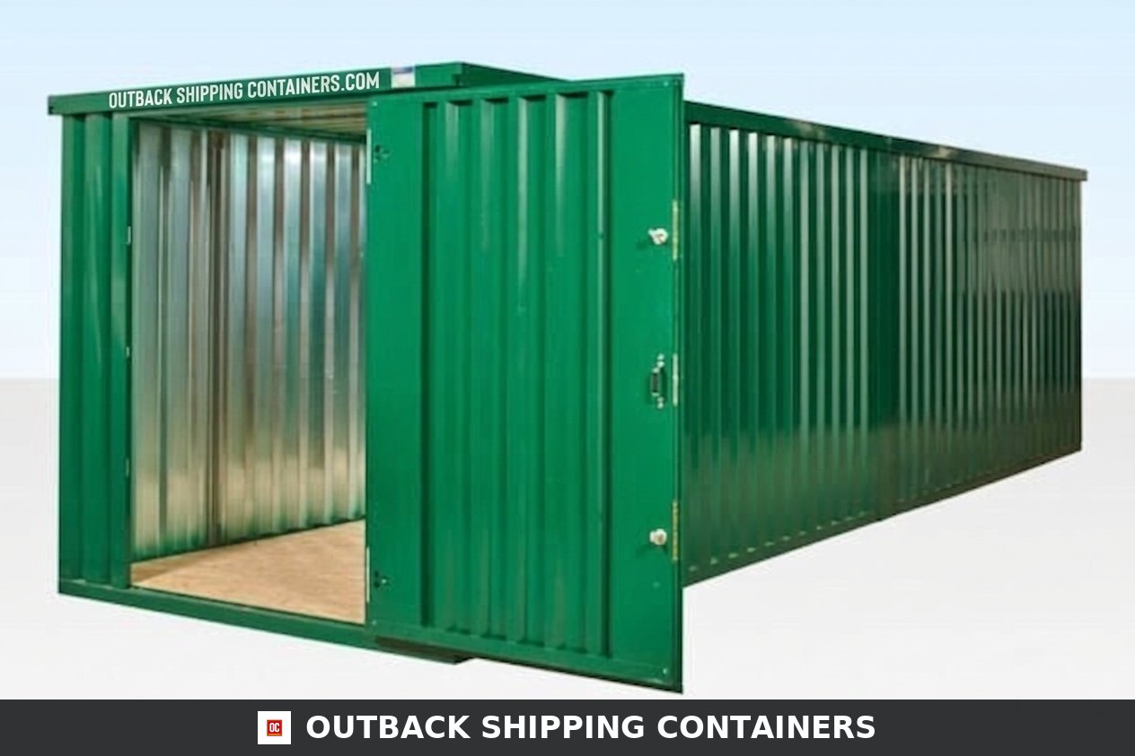 Green end linked flat packed container bundle with open front door and corrugated steel interior walls