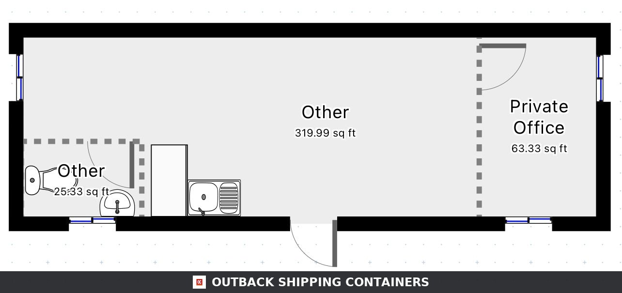 32 x 10 ft Custom Cabin for Sale — Three-Quarter Angle View | Outback Shipping Containers 32 x 10 ft Custom Cabin — Canteen/Office with New WC/Wash Room, Kitchenette, Meeting Room — No 725 — product gallery image 3 of 4
