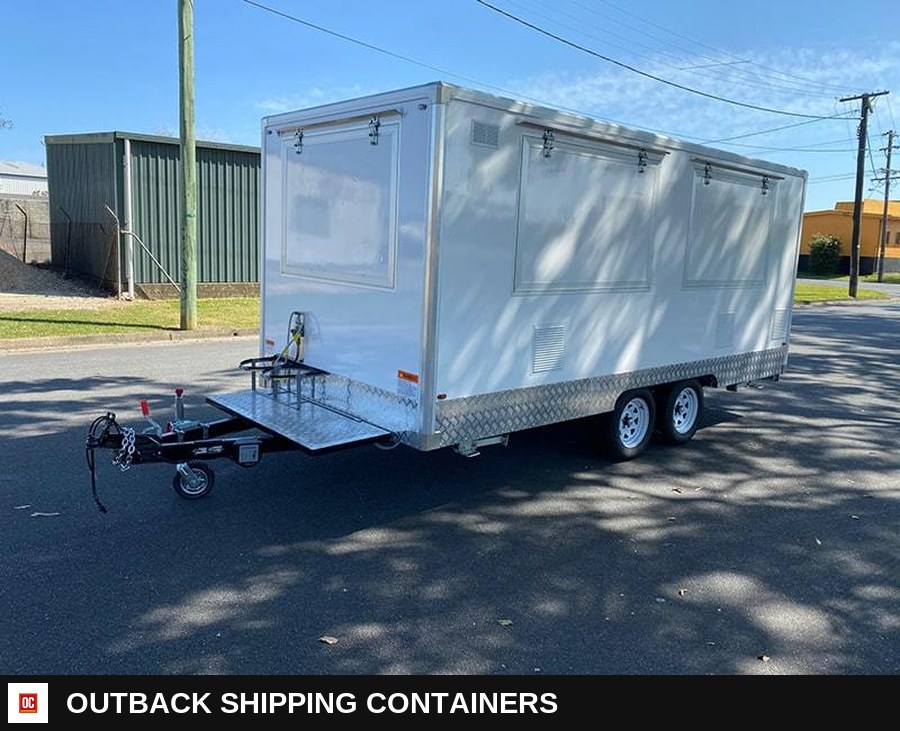 2026 Mobile Food Catering Trailer – Fully Equipped Outdoor Mobile Beer Cart — Three-Quarter Front Angle | Outback Shipping Containers 2026 Mobile Food Catering Trailer – Fully Equipped Outdoor Mobile Beer Cart for sale — three-quarter front angle