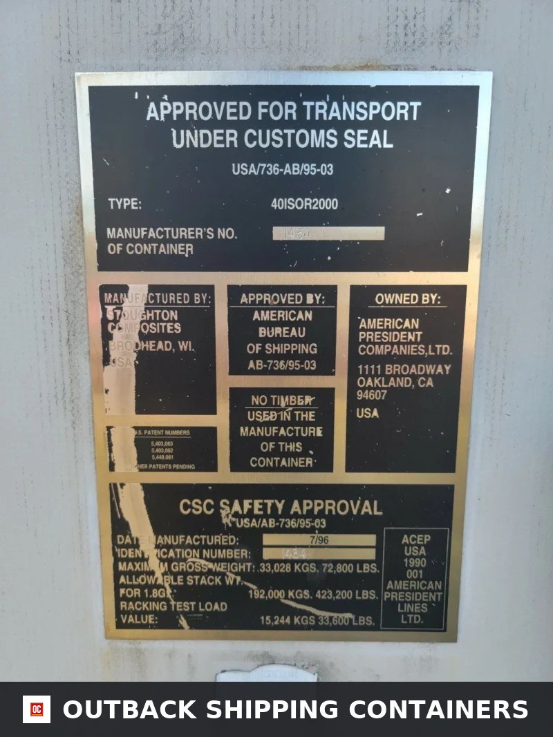 Metal CSC safety approval plate on a Stoughton 40ft shipping container showing weight limits and manufacturer data