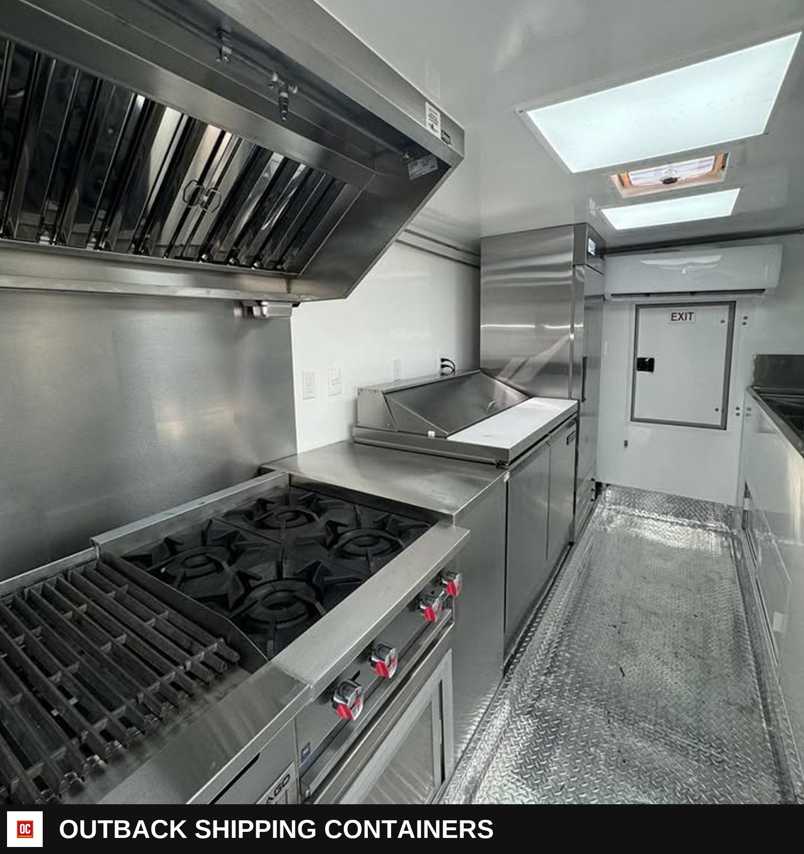 16ft Food Truck Trailer Fully Equipped Stainless Steel Rust Resistant Mobile — Stainless Prep And Counter Area | Outback Shipping Containers 16ft Food Truck Trailer Fully Equipped Stainless Steel Rust Resistant Mobile for sale — stainless prep and counter area