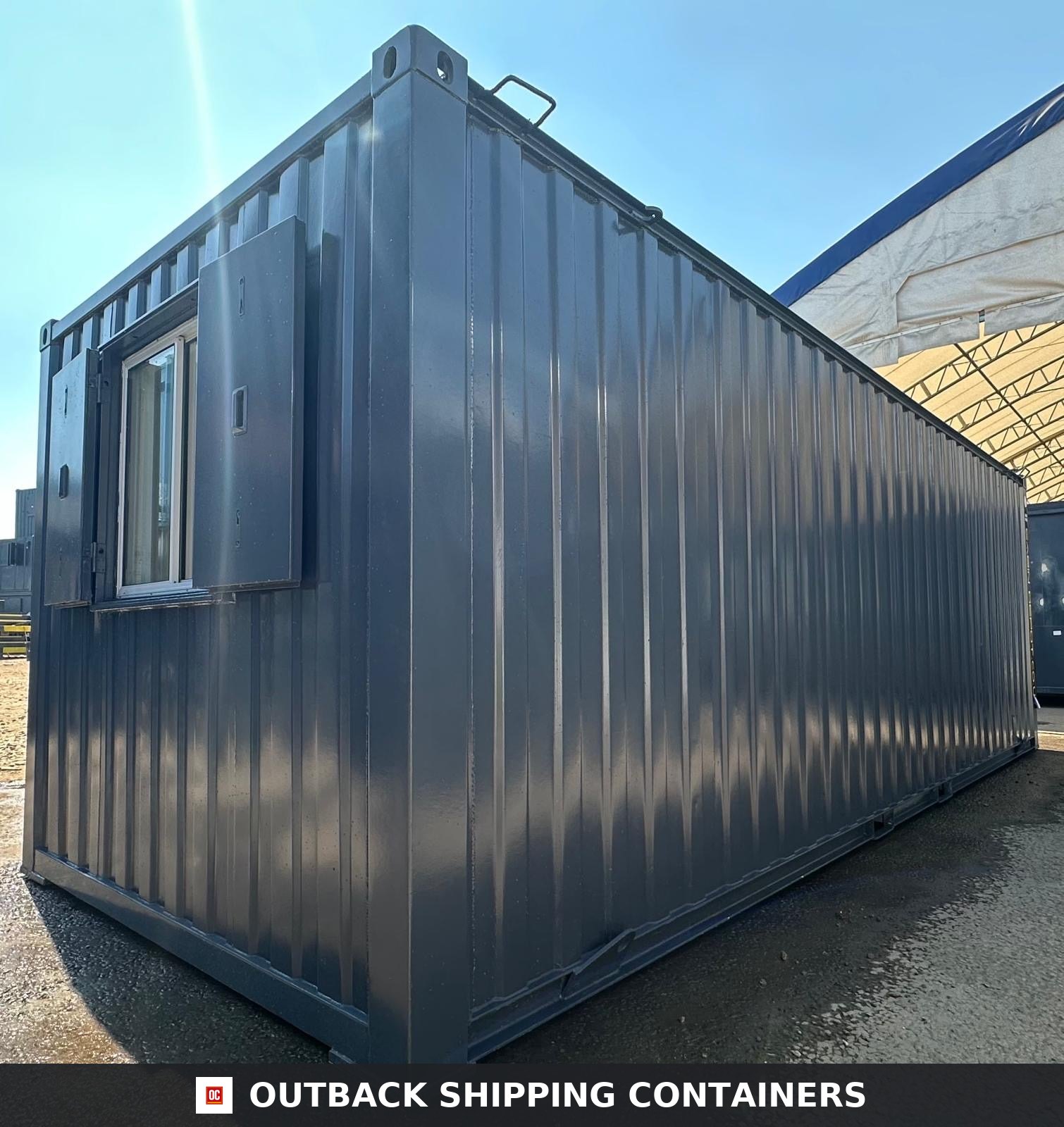 24x9 ft 24x9FT for Sale — Interior Detail | Outback Shipping Containers Interior of 24x9 ft open plan portable office with wood-style herringbone flooring and white walls