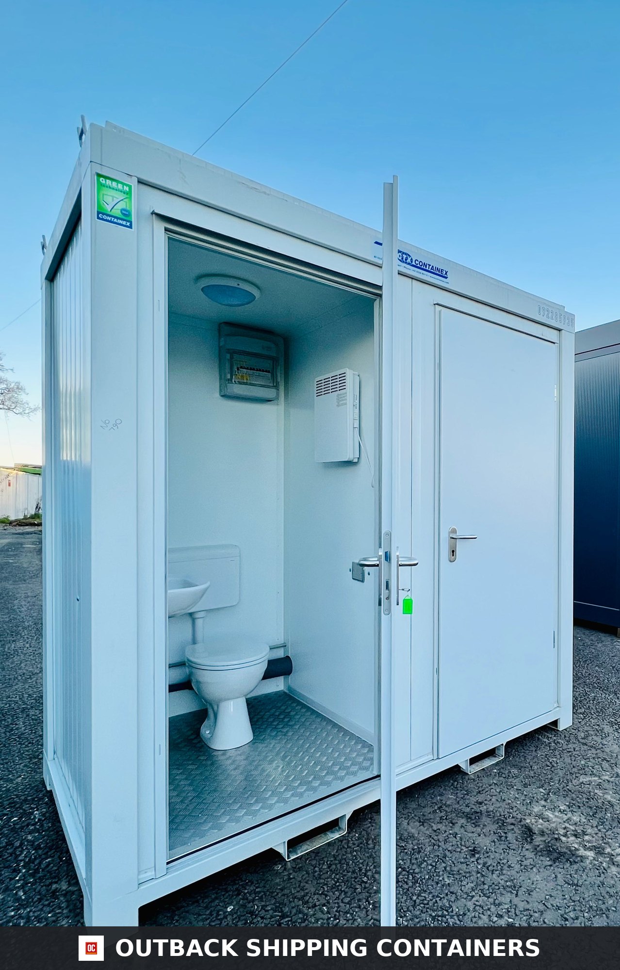 Double Toilet Blocks for Sale — Side Profile View | Outback Shipping Containers Double Toilet Blocks — Male/Female WC — 8x5 ft — NEW 1+1 Toilet Block — Light Grey — No 790 — primary exterior image 1 of 8