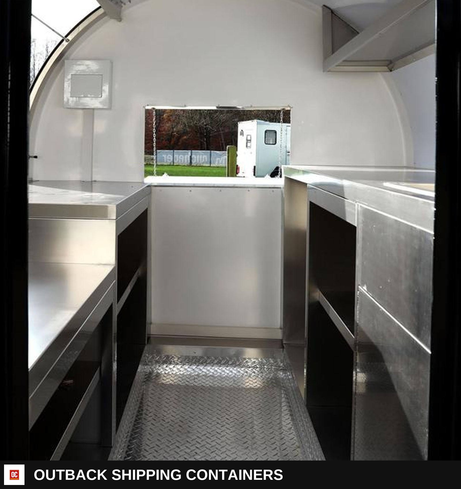Small Enclosed Mobile Restaurant Food Truck Mobile Food Catering Trailer — Stainless Prep And Counter Area | Outback Shipping Containers Small Enclosed Mobile Restaurant Food Truck Mobile Food Catering Trailer for sale — stainless prep and counter area