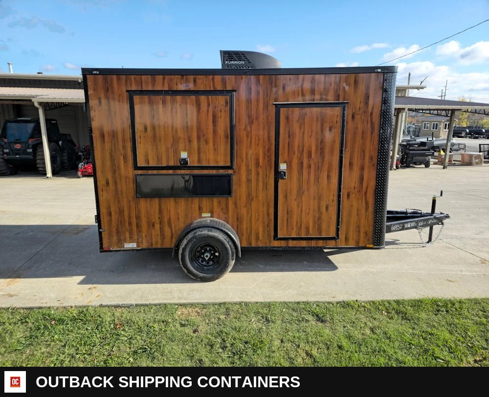 7 x 12 Wood Grain Concession Food Catering Vending Trailer — Undercarriage, Axles And Suspension | Outback Shipping Containers 7 x 12 Wood Grain Concession Food Catering Vending Trailer for sale — undercarriage, axles and suspension