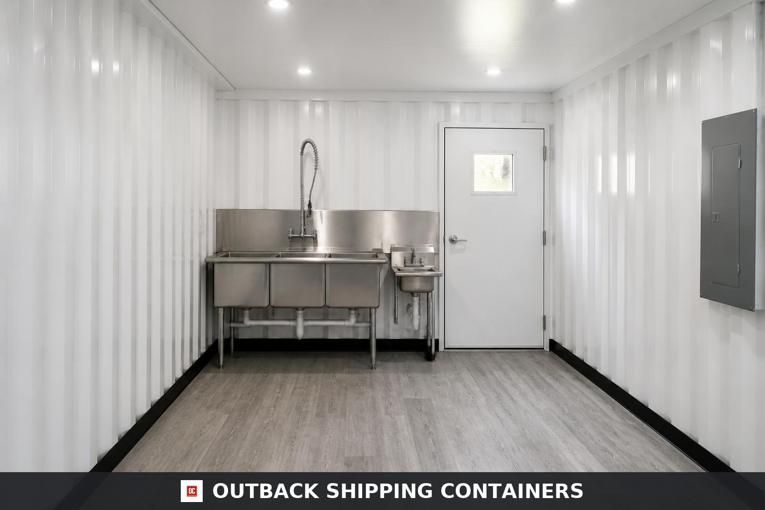 Outback Vendor 20ft Concession & Retail Kiosk Container for Sale — Interior View Back-of-house prep bay with a three compartment stainless sink and separate hand wash basin