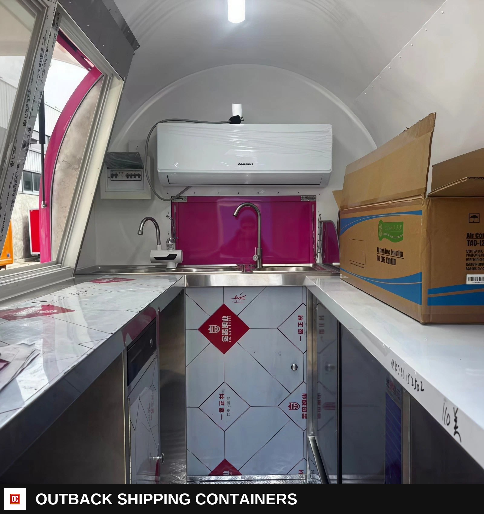 Pink Mobile Catering Food Trailer Single Axle Dual Serving Hatch Coffee — Interior Kitchen Layout | Outback Shipping Containers Pink Mobile Catering Food Trailer Single Axle Dual Serving Hatch Coffee for sale — interior kitchen layout