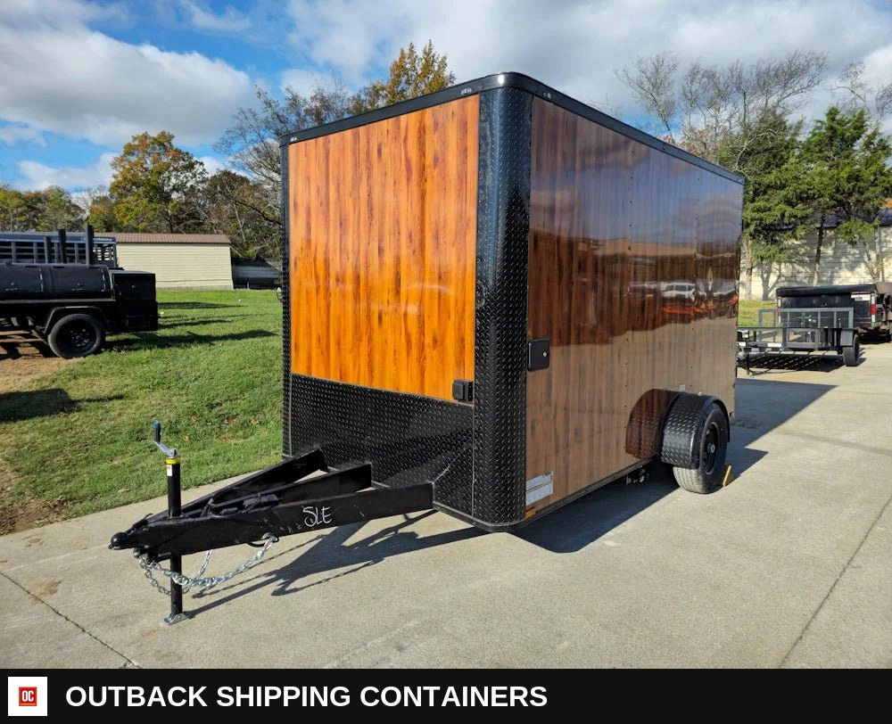 7 x 12 Wood Grain Concession Food Catering Vending Trailer — Three-Quarter Front Angle | Outback Shipping Containers 7 x 12 Wood Grain Concession Food Catering Vending Trailer for sale — three-quarter front angle