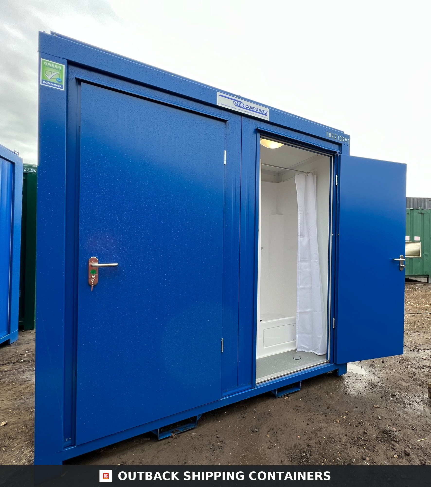Shower Block with Toilet Block for Sale — Interior View | Outback Shipping Containers Shower Block with Toilet Block — 8 x 5 ft Brand New Portable Containex — Blue — No 855 — product gallery image 5 of 8
