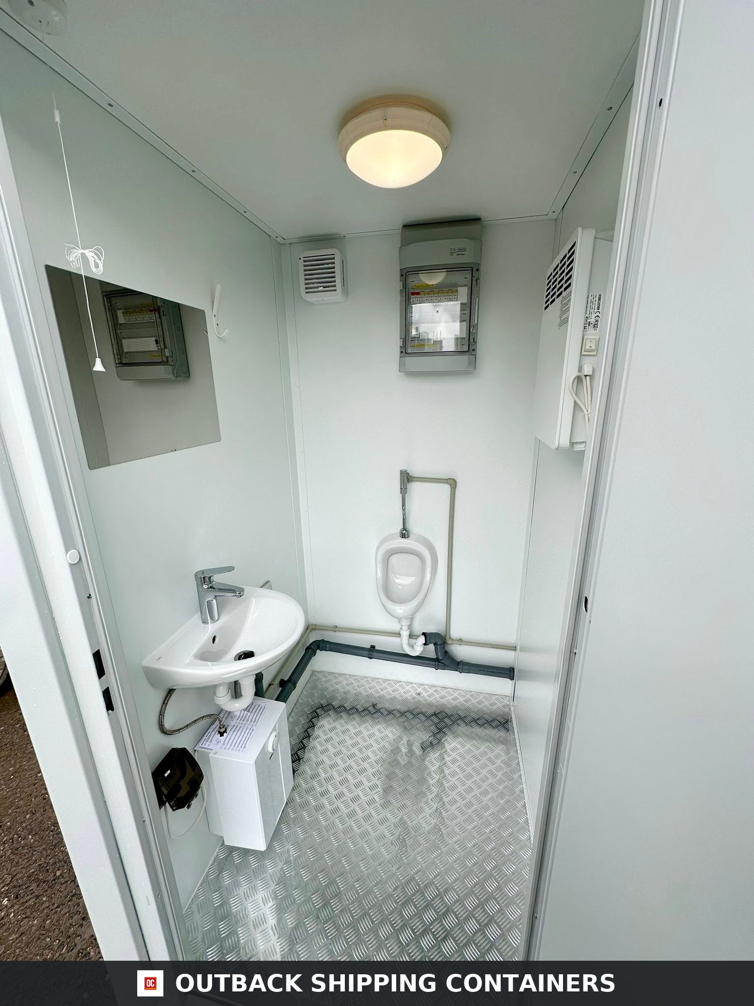 NEW Portable Toilet + Urinal for Sale — Door and Entry Detail | Outback Shipping Containers NEW Portable Toilet + Urinal — Male/Female WC + Urinal — 8 x 5 ft — Light Grey — No 792 — product gallery image 6 of 13