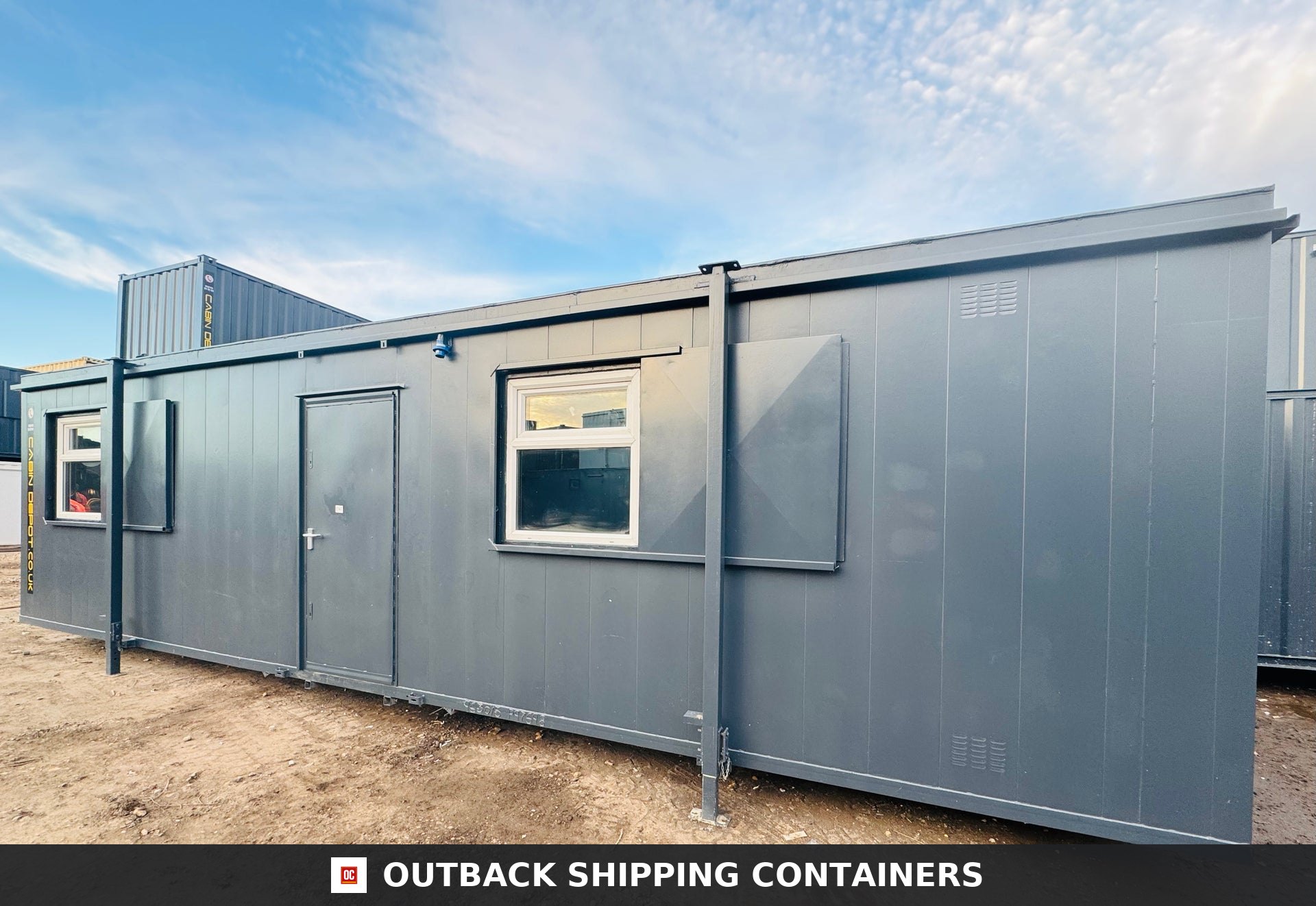 32ft Cabin for Sale — Window and Shutter Detail | Outback Shipping Containers 2 Interior of a refurbished 32ft container office with herringbone floor, white walls and electric heaters
