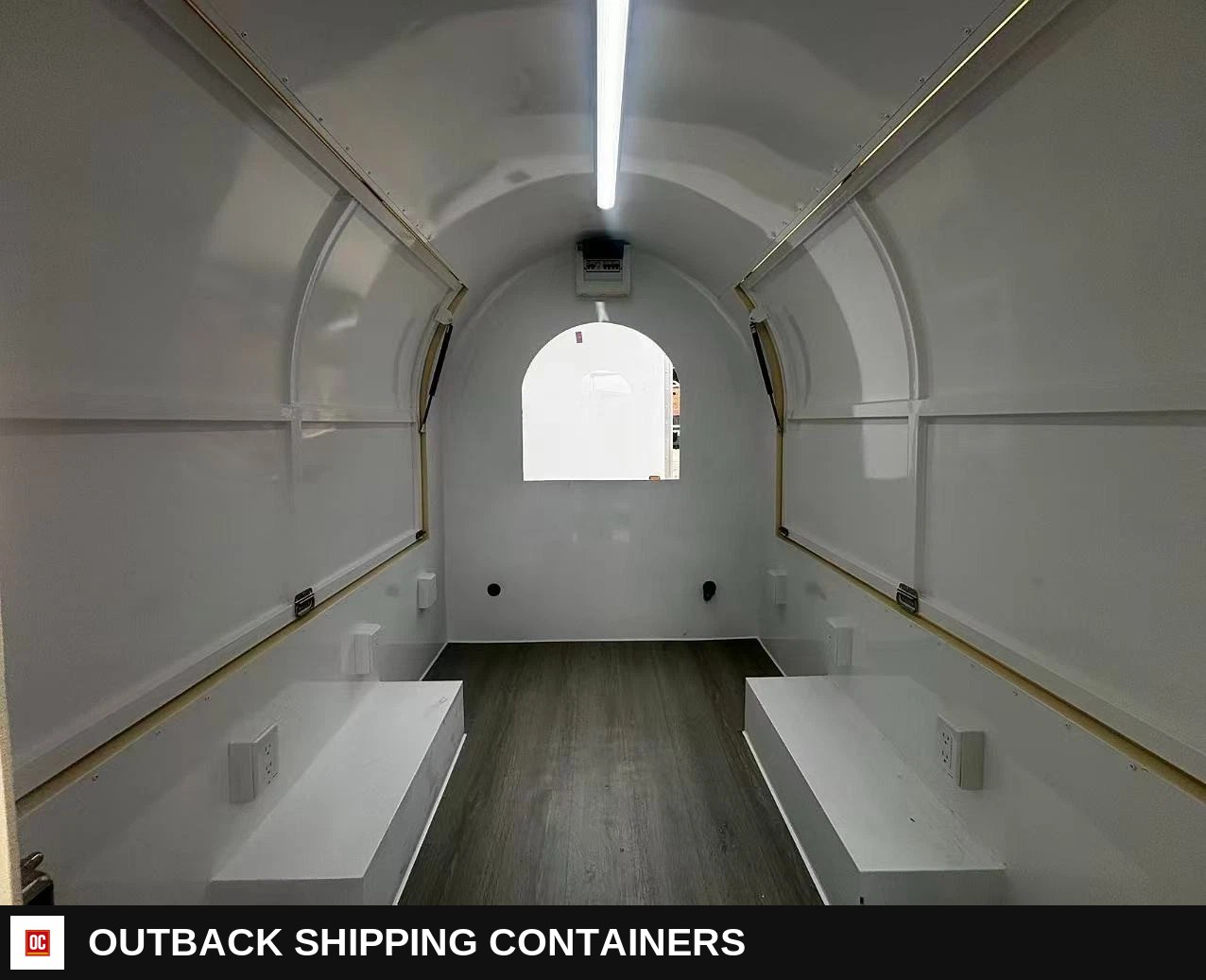 Mobile Catering Food Trailer Single Axle Dual Hatch Coffee Street Food — Stainless Prep And Counter Area | Outback Shipping Containers Mobile Catering Food Trailer Single Axle Dual Hatch Coffee Street Food for sale — stainless prep and counter area