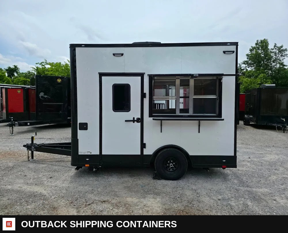 8.5 x 12 White Flat Front Concession Trailer — Blackout Trim, 8-Foot Interior — Stainless Prep And Counter Area | Outback Shipping Containers 8.5 x 12 White Flat Front Concession Trailer — Blackout Trim, 8-Foot Interior for sale — stainless prep and counter area