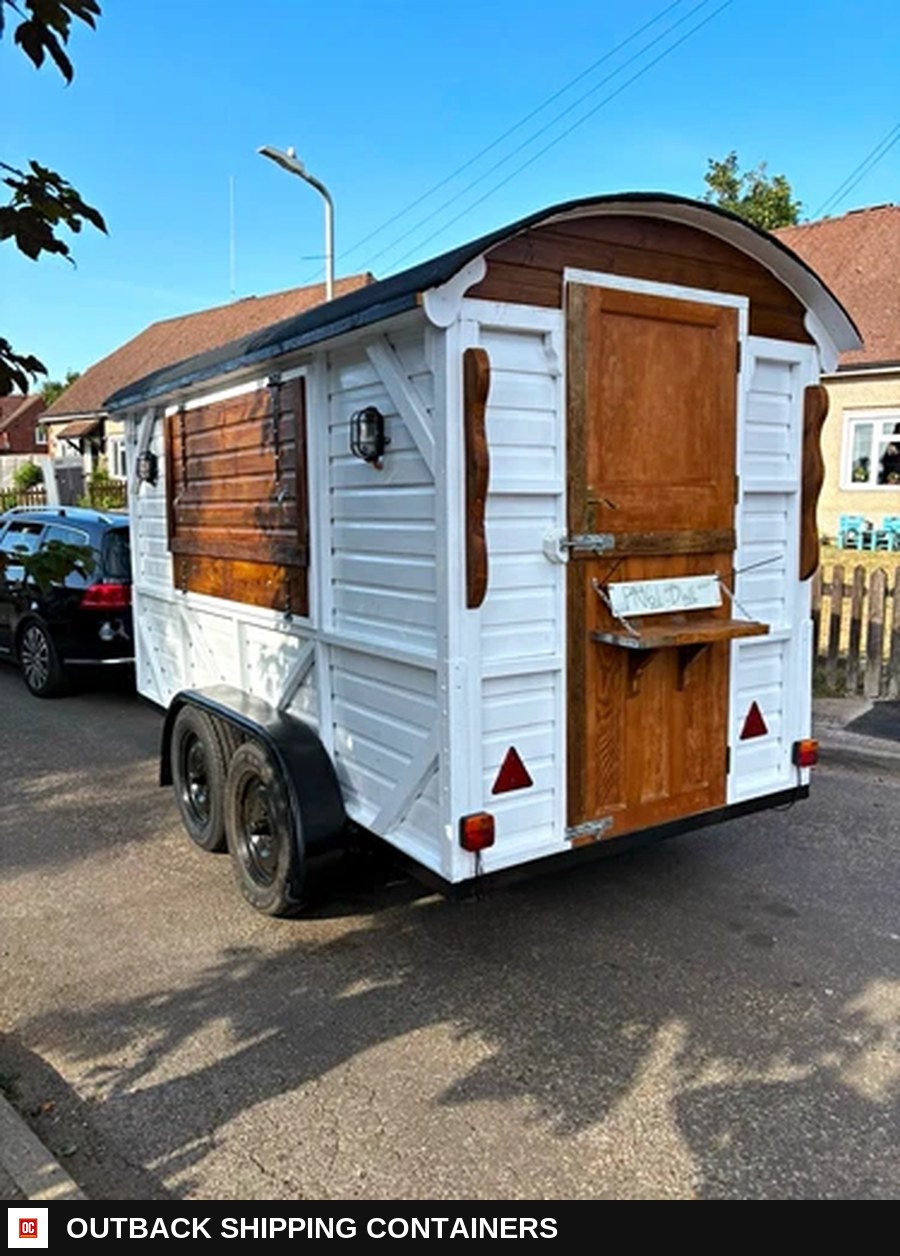 Unique rustic catering trailer horsebox shepherds hut style food drinks — Three-Quarter Front Angle | Outback Shipping Containers Unique rustic catering trailer horsebox shepherds hut style food drinks for sale — three-quarter front angle