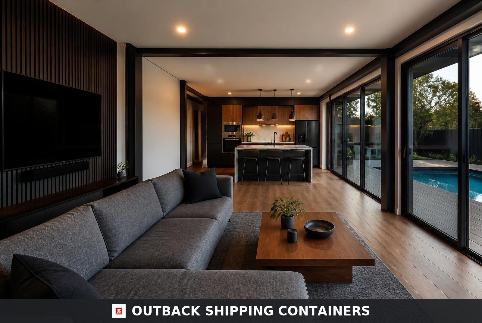 Open plan living, dining and kitchen great hall inside the container home with walnut island and multi-slide glass wall