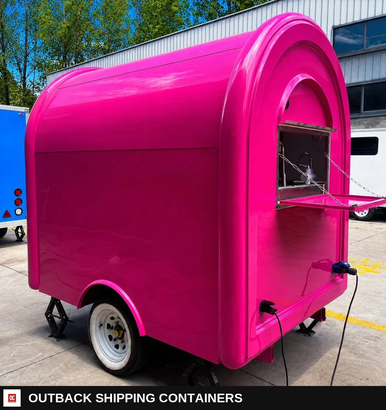 Pink Mobile Catering Food Trailer Single Axle Dual Serving Hatch Coffee — Stainless Prep And Counter Area | Outback Shipping Containers Pink Mobile Catering Food Trailer Single Axle Dual Serving Hatch Coffee for sale — stainless prep and counter area