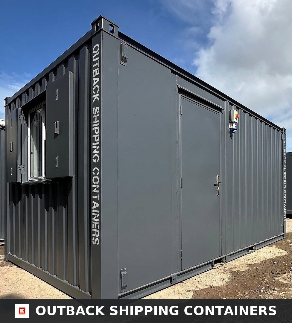 16x9 ft 16x9FT for Sale — Interior View | Outback Shipping Containers Dark gray 16x9 anti-vandal portable building exterior with steel door and shuttered window against a blue sky