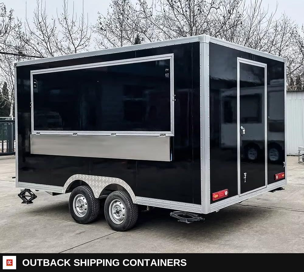 Stainless Steel Frame Street Food Trailer for Coffee Van Catering Cart Burgers — Driver-Side Profile | Outback Shipping Containers Stainless Steel Frame Street Food Trailer for Coffee Van Catering Cart Burgers for sale — driver-side profile