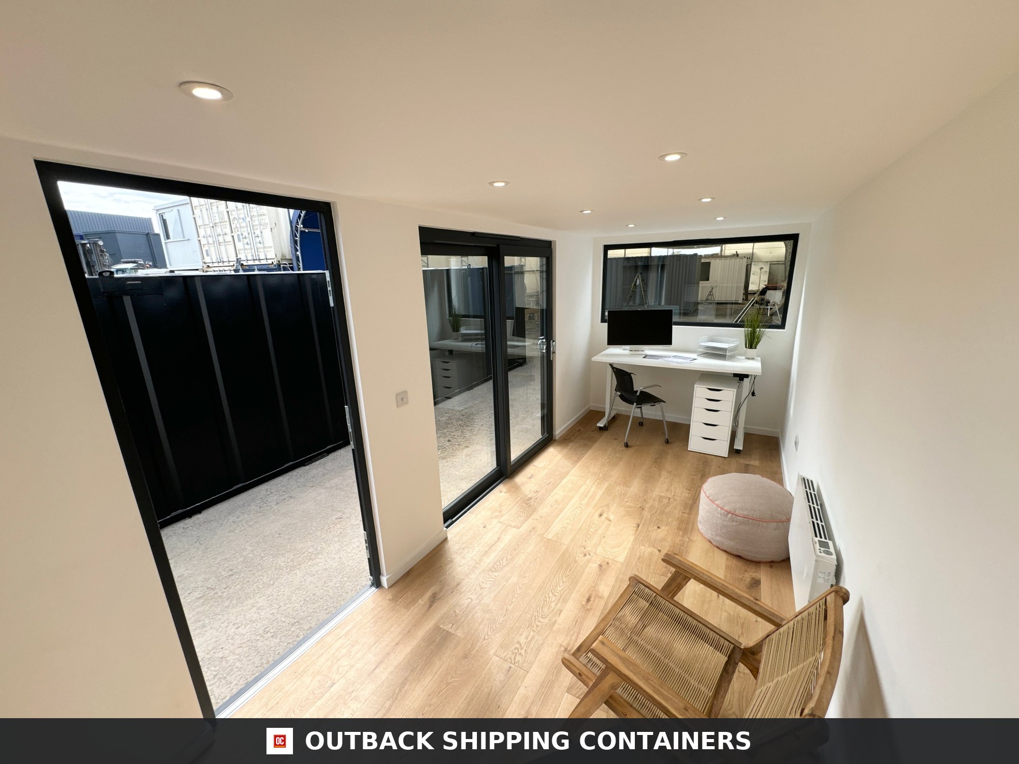 20x8ft CUSTOM SHIPPING CONTAINER CONVERSION for Sale — Three-Quarter Angle View 2 3 CD-1239 20x8ft CUSTOM SHIPPING CONTAINER CONVERSION — Portable Build — angle 2