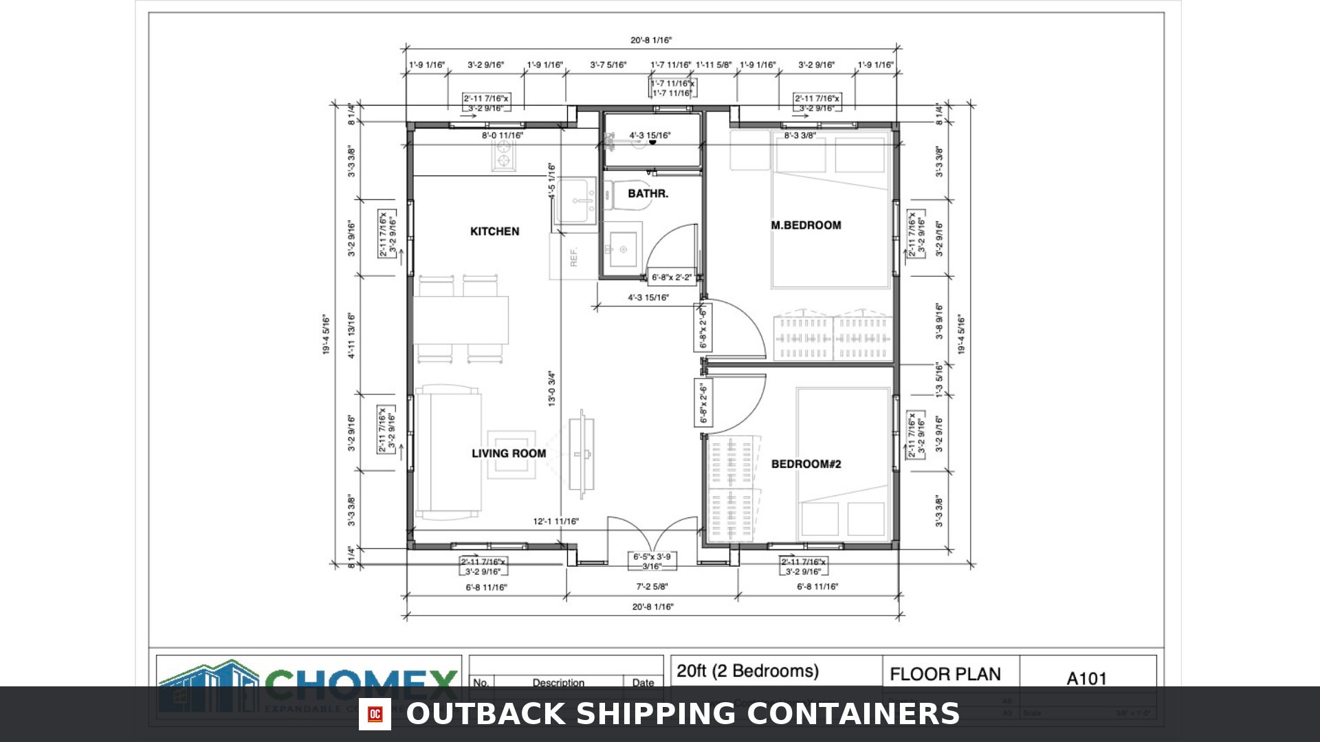 20FT Expandable 2 Bedroom Container Home for Sale — Expandable Container Home Rendering, Rear Three-Quarter View | Outback Shipping Containers 20ft expandable 2 bedroom container home 385 sq ft — expandable container home rendering, rear three-quarter view