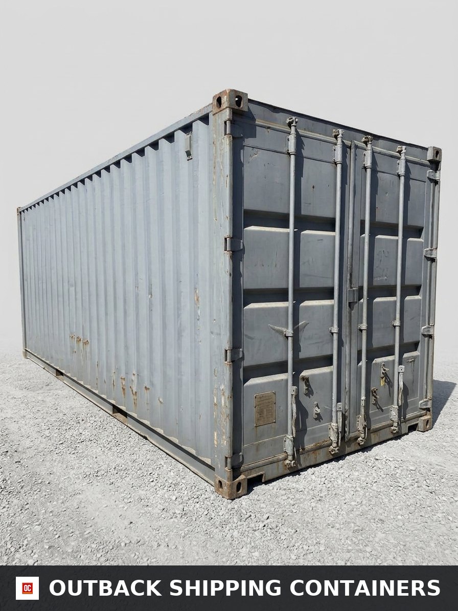 Used 40ft Cargo Container Double Doors 40′ x 8′ x 8′ 6″ for Sale — Three-Quarter Angle View Interior view of a 40ft shipping container with wooden shelves and a workbench along steel walls