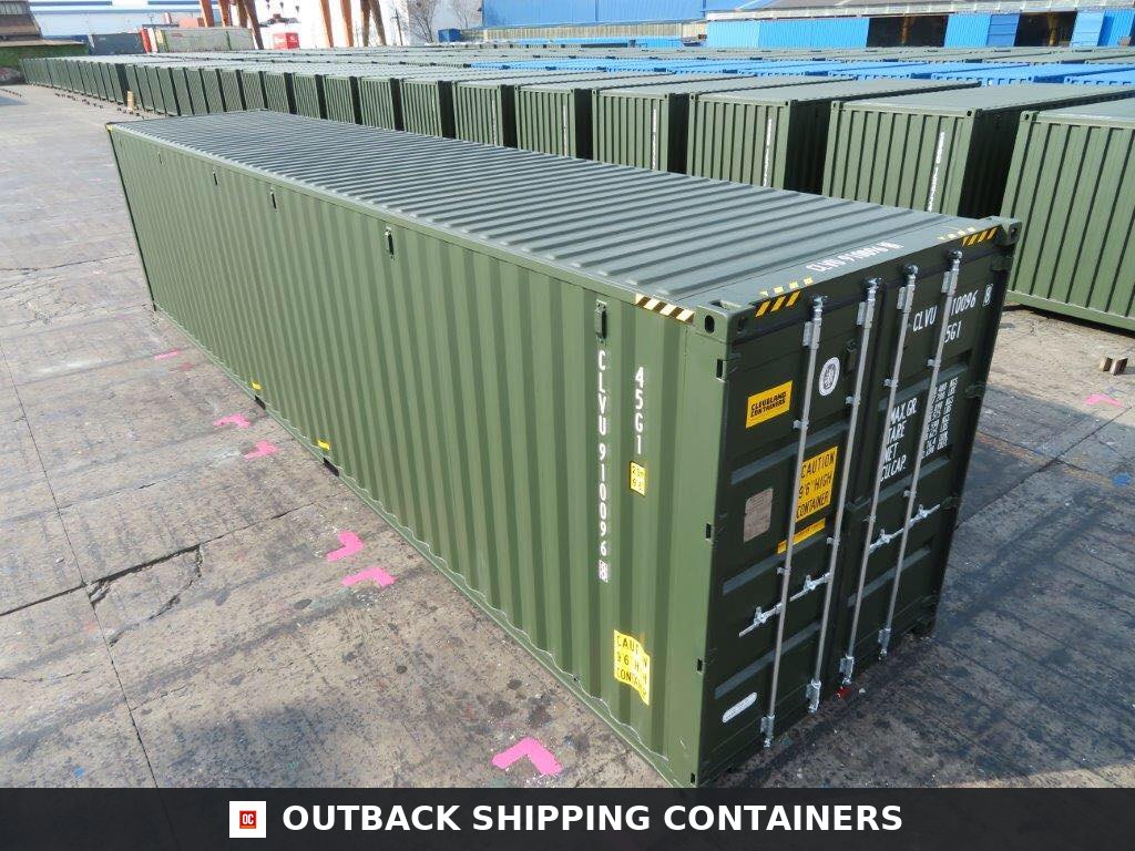 40 Ft New Shipping Containers Ready To Ship 40ft for Sale — Interior Detail Olive green 40ft new shipping container angled view in a depot yard showing corrugated steel walls and rear doors