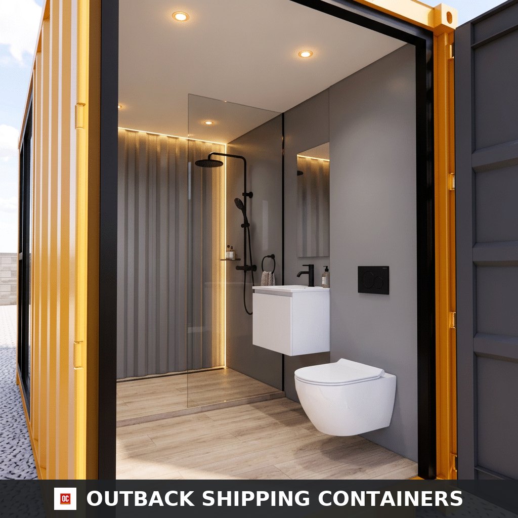 Compact end-of-container wet-room bathroom with walk-in shower and wall-hung toilet