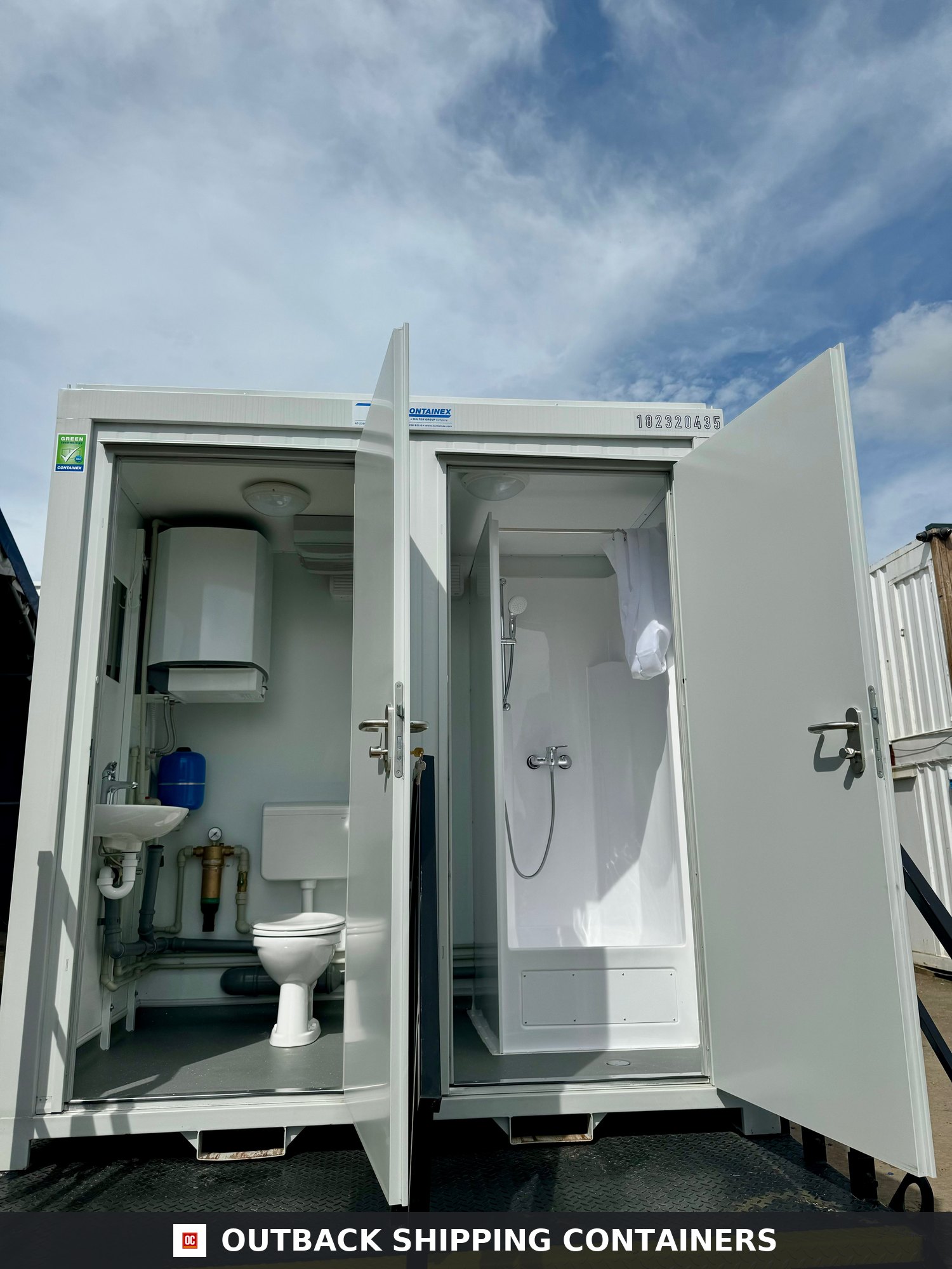 NEW Toilet & Shower Block + Waste Tank Bundle for Sale — Rear Exterior View NEW Toilet & Shower Block + Waste Tank Bundle — 8 x 5 ft Portable — Grey — No 855 — product gallery image 3 of 7