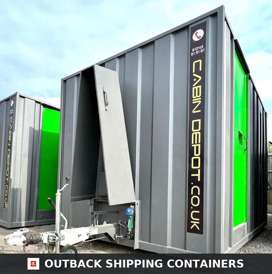 Towable Groundhog Mobile Welfare |Towable Canteen, Office, WC, Drying — Rear Exterior View Towable Groundhog mobile welfare unit in grey with a green door and open front compartment on a trailer hitch