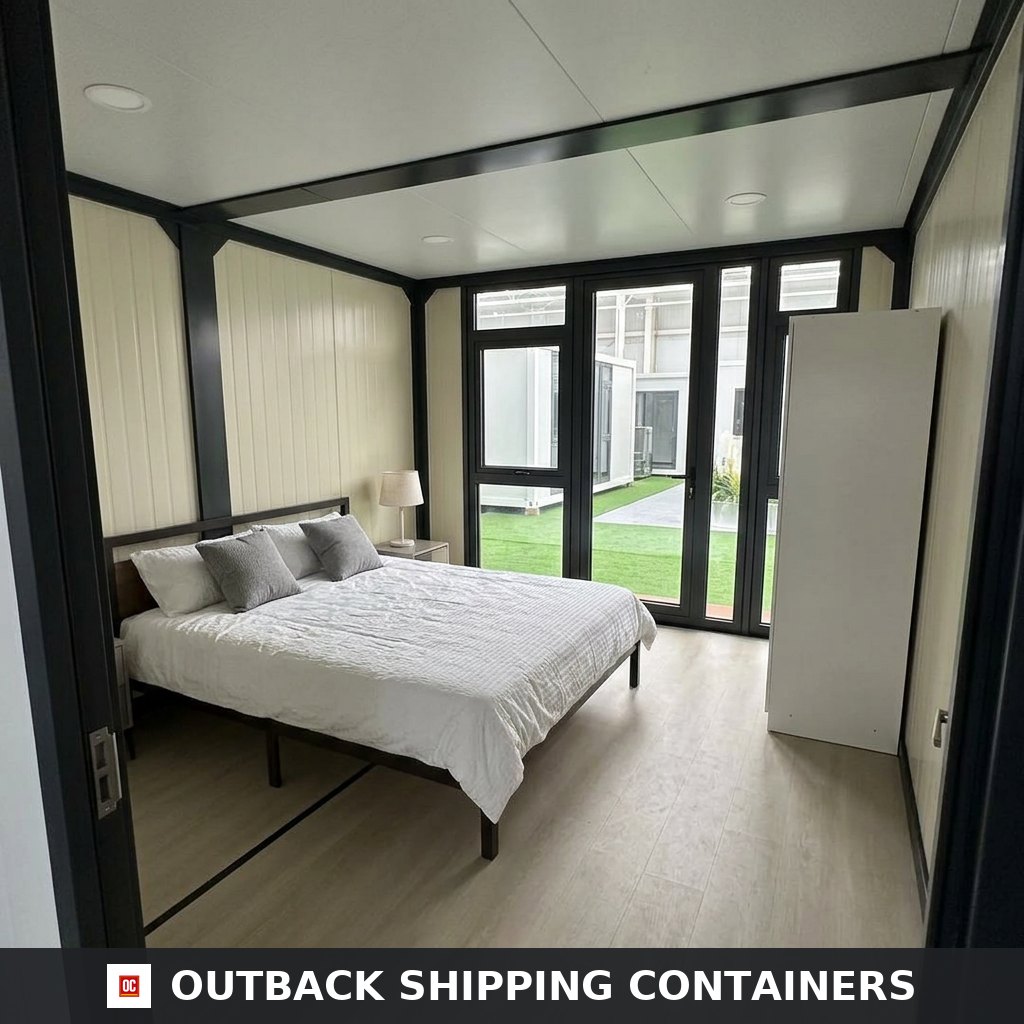 Bedroom 1 on the ground floor of the 4 bedroom luxury modular container home villa with queen bed and glazed patio doors