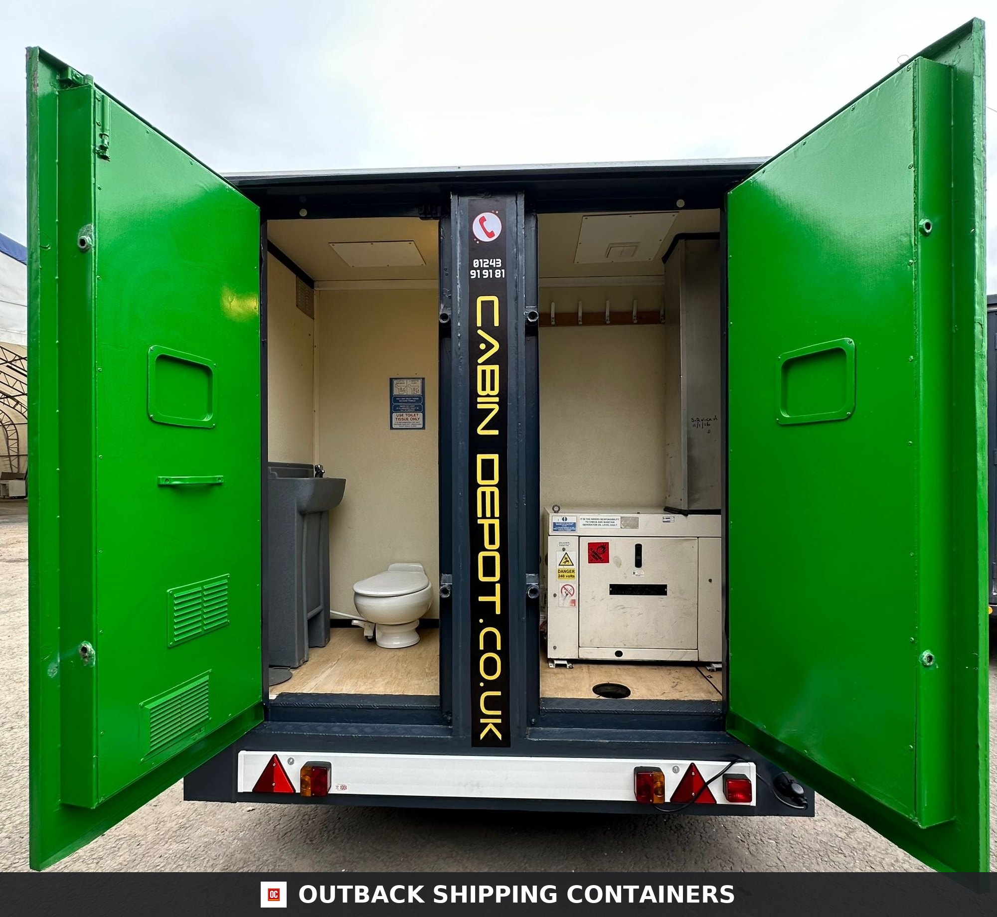 Groundhog Towable Mobile Welfare | Towable Canteen + Toilet & Drying Room — Rear Exterior View Rear view of a Groundhog GP360 mobile welfare unit with green doors open showing a toilet and diesel generator